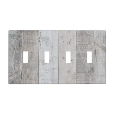 Imagem de Spshian Capa de interruptor de luz vintage cinza grão de madeira rústica placa de interruptor de 4 gangues placas de parede com interruptor quádruplo placa de interruptor decorativa placas de tomada
