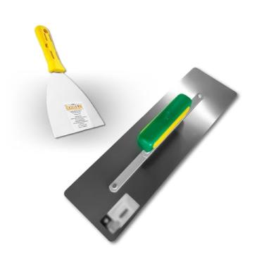 Imagem de Desempenadeira Gesso Aço inoxidável Galo 309/01 Arredondado + Espátula P/Pintor Pedreiro de Inox Evolution 12,5 cm (5") Massa Corrida Profissional Kit