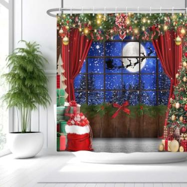 Imagem de MCCKTIU Cortina de chuveiro Merry Christmas, janela de neve, lua, árvore de Natal, guirlanda de Natal, cortinas de chuveiro para banheiro, lavável na máquina, impermeável, cortina de tecido de