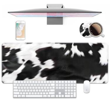 Imagem de Tapete de mesa para jogos com conjunto de porta-copos, preto e branco, estampa de couro bovino, grande, com borda costurada e base de borracha antiderrapante para trabalho, jogos, escritório, casa (80