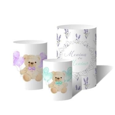 Imagem de Trio Capas Para Cilindro Chá de Revelação Ursinho Balões Rosa e Verde 