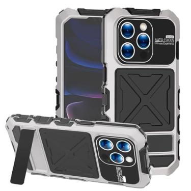 Imagem de Simicoo Compatível com iPhone 15 Pro Metal Bumper Militar Capa de Silicone Resistente Armadura Resistente com Suporte Integrado Gorilla Glass Capa Completa à Prova de Poeira (Prata)