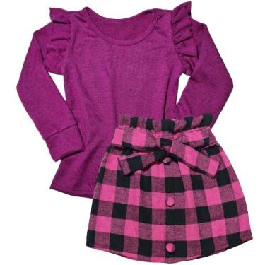 Imagem de Conjunto Infantil Blusinha Saia Xadrez Moda Menina Outono Inverno São 