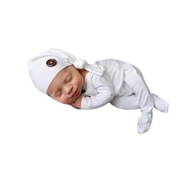 Imagem de Acessórios para fotografia de recém-nascidos, roupas para meninos e meninas, chapéu sonolento, gorro e macacão com pés, conjunto de fantasia para sessão de fotos, Branco extra, M
