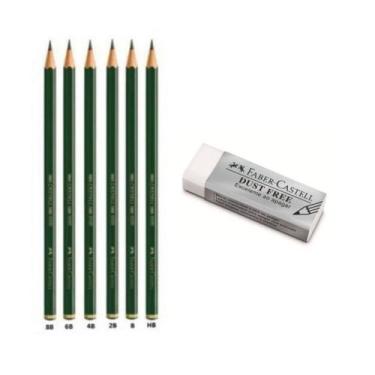 Imagem de Kit 6 Lápis Técnico Desenho B, HB, 2B, 4B, 6B, 8B + borracha Dust Free