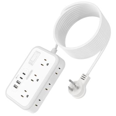 Imagem de Cabo de extensão de 4,5 m, filtro de linha com 6 tomadas, 4 carregadores USB (2 portas USB C), extensor de tomada plana, proteção de 1080 joules para uso interno, casa, material de escritório, itens