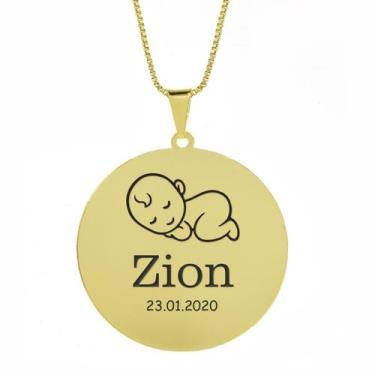 Imagem de Gargantilha Pingente Redondo Personalizado Nome Zion Banhado Ouro 18K 