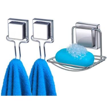 Imagem de Kit Banheiro Acessorios 2 Ganchos Porta Toalha e Porta Sabonete Aço Cr