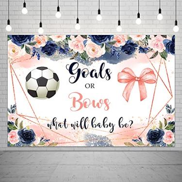 Imagem de Lofaris Futebol gênero revela metas ou laços chá de bebê flores azul ou rosa menino ou menina ele ou ela floral futebol revela fundo decoração de festa suprimentos banner fotos cabine adereços 1,5 x 9 m