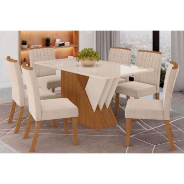 Imagem de Conjunto: Mesa de Cozinha Épic SC24 Tampo Madeirado c/ Vidro Canto Curvo 160x90cm e 6 Cadeiras Tauá Nature/Linho - Henn