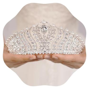 Imagem de JWICOS Coroa de pérolas de prata para mulheres coroa de rainha e tiara para mulheres cristal strass princesa tiaras coroas acessórios de cabelo de casamento para noiva festa de aniversário formatura