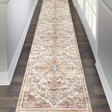 Imagem de Tapete passadeira para hall de entrada Pauwer 0,6 x 3 m, lavável, antiderrapante, boêmio, casa de fazenda, vintage, para cozinha, entrada, lavanderia, quarto, banheiro, azul, marrom