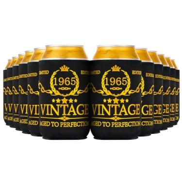 Imagem de Crisky Decoarions Vintage 1965 Can Coolers 60º aniversário manga cerveja lembrancinha de festa preto e dourado para refrigerante, bebidas, 12 peças