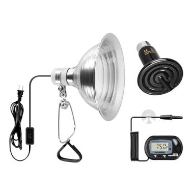 Imagem de Simple Deluxe Lâmpada de calor de réptil de cerâmica de 150 W e luz de fixação de 150 W com refletor de alumínio de 21,6 cm, combo de termômetro digital de aquário LCD para animais de estimação