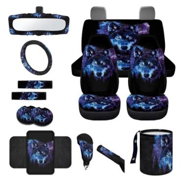 Imagem de Wanyint Conjunto completo de capas de assento de carro Wolf Galaxy Forest, com capa de volante, almofadas de cinto seguro, conjunto de capa de freio de mão, porta-copos, recipiente de lixo, capa de