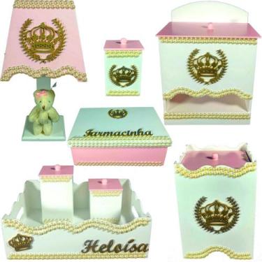 Imagem de Kit Higiene bebê Mdf 8 peças menina - BRANCO E ROSA COM PEROLAS DE COR