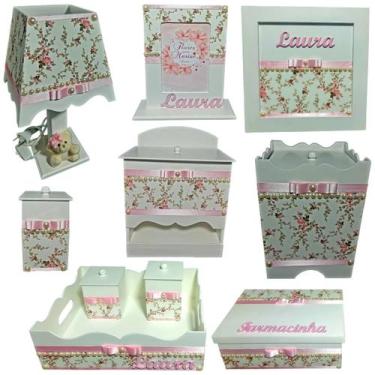 Imagem de Kit Higiene bebê Mdf 10 peças -  BRANCO FLORIDO COM PEROLAS - Flores p
