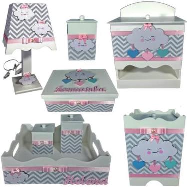 Imagem de Kit Higiene bebê Mdf 8 pçs menina - CHUVA DE AMOR CHEVRON CINZA E ROSA