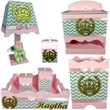 Imagem de Kit Higiene bebê Mdf menina 7 pçs - ROSA BB CHEVRON CINZA DE COROA - F