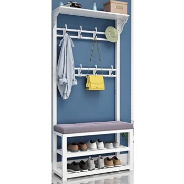 Imagem de Cabideiro, sapateira, entrada, sapateira, 2 andares, banco de sapato com casaco, chapéu, guarda-chuva, prateleiras de armazenamento com 12 ganchos multifuncional, organizador de corredor, fácil