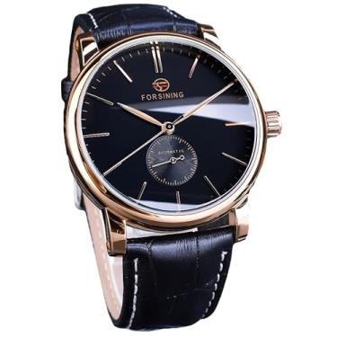 Imagem de MASTOP Relógio masculino minimalista com mostrador branco automático, aço inoxidável com pulseira de couro, relógio mecânico masculino, Dourado, preto, Relógio automático, mecânico