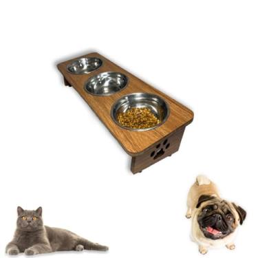 Imagem de Comedouro Elevado Inclinado Triplo Inox Em Mdf Gato Cachorro (Marrom)