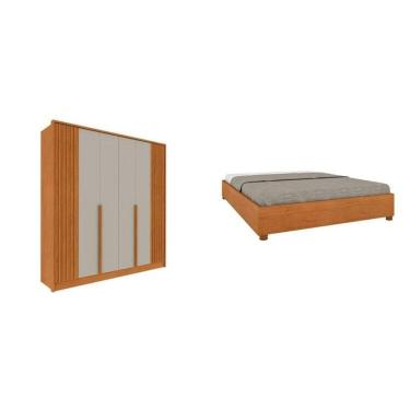 Imagem de Quarto Casal Guarda-Roupa 6 portas Ripado Nova York e Cama Box Queen Mônaco com Cabeceira Ajustável Cinamomo/Off White