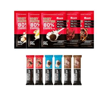 Imagem de Combo - Whey protein concentrado sachê 30g 5un (Chocolate, Beijinho, Mousse de maracujá, Milkshake de chocolate e Cookies) e Whey protein concentrado barra 30g 6un (sabores diversos) - Growth (Único, Mista: chocolate (2), morango com chocolate (2) e cookies (2))