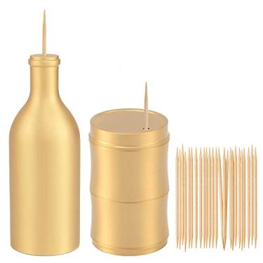 Imagem de UPTALY 2 unidades de dispensadores de palito de dente 100% latão (forma de garrafa + forma de bambu), recipiente de palitos de dente espesso (cor dourada), caixa de armazenamento de palito de dente de bancada, suporte de palito de cobre