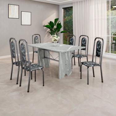 Imagem de Conjunto de Mesa Tubular 140cm X 75cm Tampo Granito Topázio com 6 Cadeiras Lara Preto/Prata