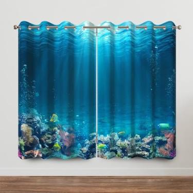 Imagem de Cortinas de janela oceânica para quarto de crianças, mundo subaquático, tartaruga, tubarão, coral, peixe, paisagem, luz do sol, decoração com estampa de luz do sol, sala de estar, escurecimento, ilhós