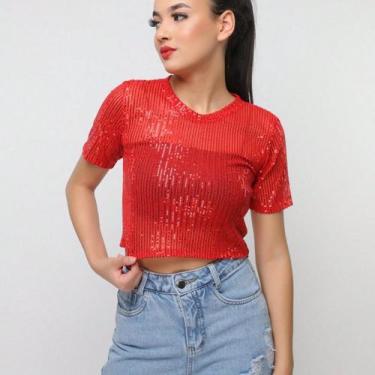 Imagem de A-Lows Blusa Paete Feminina T-shirt Cropped Brilho Manga Curta, Vermel