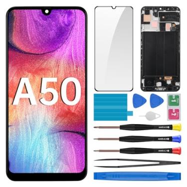 Imagem de BESJMYT Substituição de tela para Samsung Galaxy A50 com moldura LCD, digitalizador sensível ao toque, montagem completa e botão lateral, alto-falante, vibração, motor, vidro, reparo, kit SM-A505U