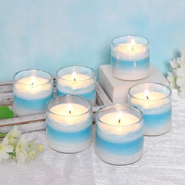 Imagem de Velas votivas com tema oceano, aroma de oásis de água azul, conjunto de 6 suportes de vidro