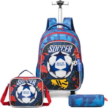 Imagem de Egchescebo Mochila Escolar Infantil com Rodinhas para 17” Menino e Crianças Rodas Bolsa Mala Carrinho 3PCS Lancheira Juvenil Estojo Costas Viagem Adequado Meninas Adolescentes de Futebol Azul
