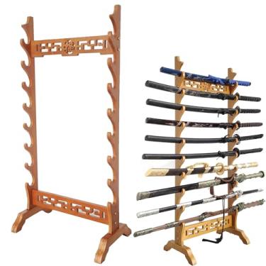 Imagem de JNQLLDS Suporte de espada, suporte de espada, suporte de espada Katana, suporte de 5 a 12 níveis, suporte de madeira, suporte de chão, cabides de espada samurai, suporte de sabre de luz, gancho