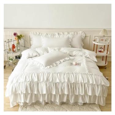 Imagem de Capa de edredom com babados, 3 peças, conjunto de cama decorativo, saia para cama de fazenda, fronhas, fecho de zíper, laços de canto fáceis de cuidar (branco, tamanho king, 4 peças)