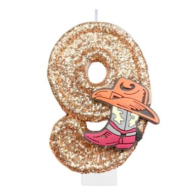 Imagem de Velas número de aniversário para bolo, vela número 9 de caubói, decorações de bolo de rodeio para meninos, topo de bolo de chapéu, enfeite de cupcake para botas para festas de aniversário ocidentais