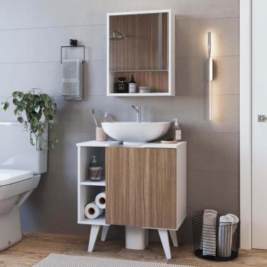 Imagem de Conjunto Gabinete de coluna 01 Porta e Armário com espelho para Banheiro Slim Nova Móbile SEM CUBA Branco Montana