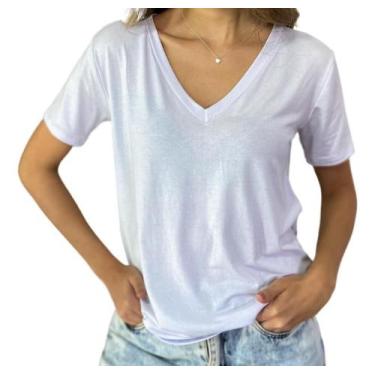 Imagem de Kit 3 Blusa Decote V Feminino Básica Lisa Manga Curta Gola V - Hettler