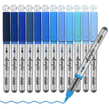 Imagem de ZZWUAPT Canetas de tinta acrílica azul, 12 canetas de tinta coloridas, canetas de tinta com ponta de pincel para pintura em rocha, madeira, vidro, cerâmica, lona, pedra, artesanato, artesanato,