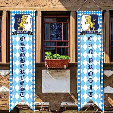 Imagem de Decorações Oktoberfest - Faixa de fundo com placa Oktoberfest, bandeira de cheque bávara, sinal de boas-vindas, branco e azul, para festa temática alemã, festival de cerveja Oktoberfest, suprimentos
