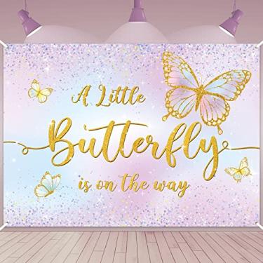 Imagem de Dandat 2,1 x 1,5 m Glitter Butterfly Baby Shower Pano de fundo A Little Butterfly is on The Way Girls Princess Photography Background, decoração de festa borboleta dourada roxa bandeira de aniversário borboleta