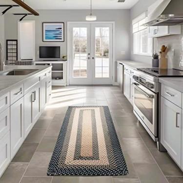 Imagem de Super Area Rugs Tapete trançado de fazenda de 6 x 1,8 m - Tapete de algodão macio natural para corredor, entrada, pia de cozinha - Tapete de tecido country primitivo - azul/creme/marfim