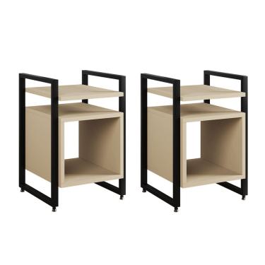 Imagem de Kit 2 Mesas de Cabeceira Industrial Marrocos Ferro Preto e Tampo Off-white