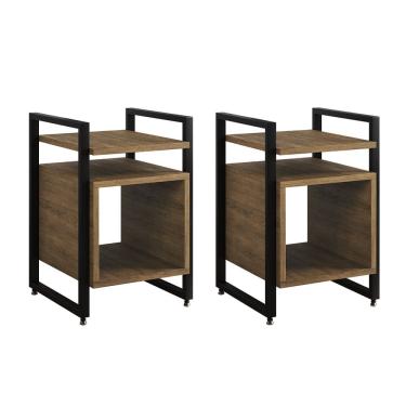 Imagem de Kit 2 Mesas de Cabeceira Industrial Marrocos Ferro Preto e Tampo Freijó