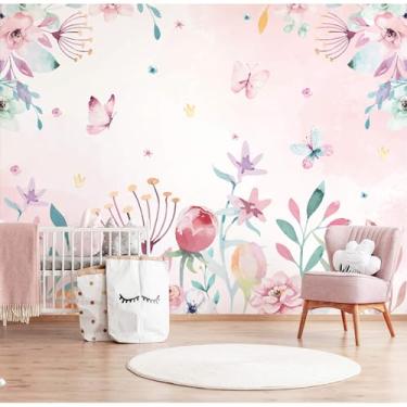 Imagem de Papel de Parede Floral Borboleta Jardim Rosa Aquarela 9m²