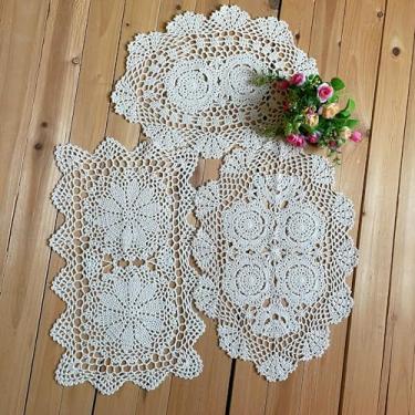 Imagem de MINDPLUS Conjunto De 3 Jogos Americanos Renda Em Crochê Feito À Mão, Cômoda Oval Retangular, Cachecóis, Caminho Mesa Centro, Estilo Fazenda (Bege)