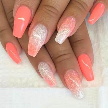 Imagem de RUOKEXIN Unhas Postiças De Caixão Com Glitter E Design Longo, Cola Laranja Ombré, Bastão Fofo Artificial Brilhante Para Mulheres, 24 Peças