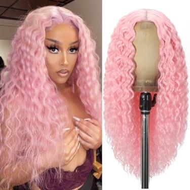 Imagem de Siddiuop Peruca Longa Rosa Cacheada Para Mulheres, 26" Parte Central, Perucas Sintéticas, Fibra De Proteína Atualizada, Substituição Cabelo, Fantasia Cosplay Halloween Colorida